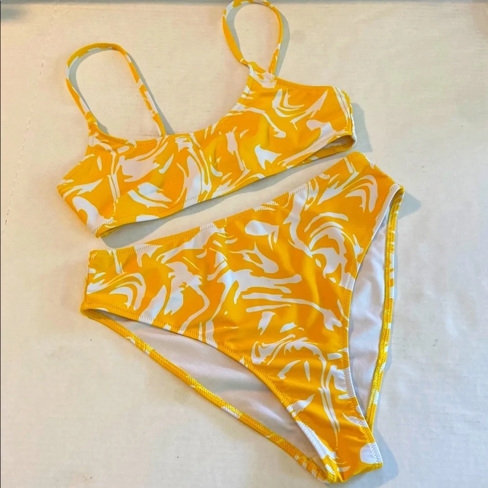 Missguided Yellow White Swirl Scoop Neck Adjustable Straps High Cut Bikini 3482